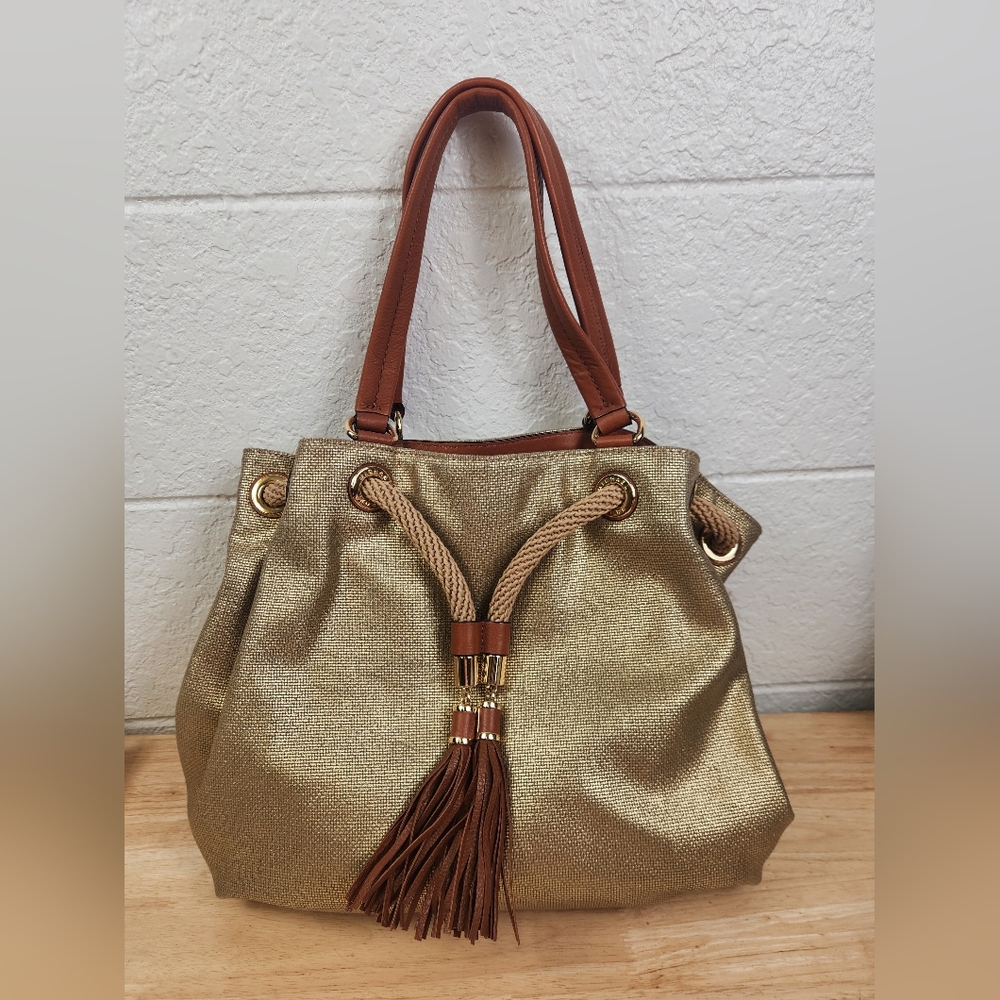 Michael Kors MK Marina Large Gathered Tote Handbag Golden Brown Canvas